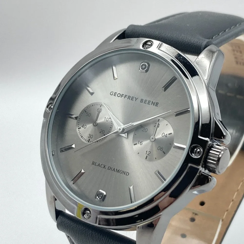Geoffrey Beene Men's Watch 43mm Black Diamond Gray Band New Battery 10